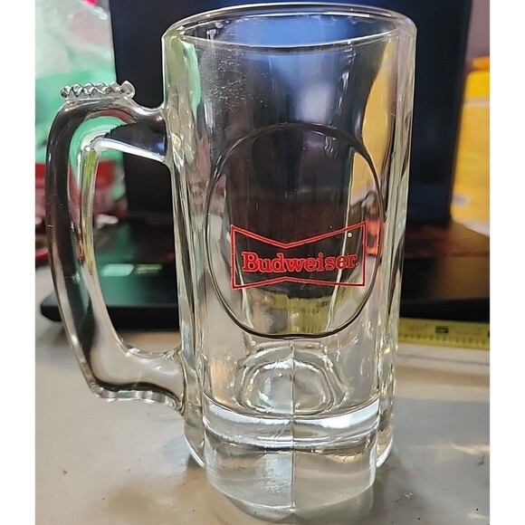 Vintage Budweiser Beer Mug Heavy Glass Stein Red Logo Barware Collectible - Picture 1 of 11